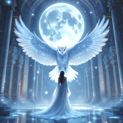 The primary subject of the image is a woman dressed in a white gown, standing in front of a large, glowing moon. The setting appears to be a magical, celestial environment, with the woman being the main focus of the scene. The visual style of the image is digital art, with the woman and the moon being the main elements of the composition. The colors and mood of the image are predominantly white and serene, creating a sense of tranquility and wonder.